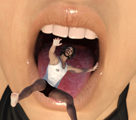 tongue barefoot shorts open_mouth screaming top imminent_vore boomgts digital_render
