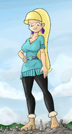 giantess city mega blonde large_breasts long_hair destruction smiling ponytail boots looking_down outdoors disney earrings belt gravity_falls colonel-gabbo skintight_clothing pacifica_northwest