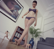 breasts nipples nude panties long_hair butt barefoot bra brunette domination scared crawling navel foot_crush walking running shrunken_people looking_down digital_render flagg3d afraid