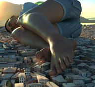 giantess city sleeping clothed toes barefoot buildings brunette lying_down shorts sunglasses shirt sunrise digital_render flagg3d