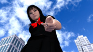 giantess city black_hair buildings low_angle uniform looking_down dangle looking_at_tiny digital_render ai_tanaka aithegiantess