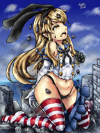 drawing giantess panties mega blonde color long_hair destruction crying fanart striped_stockings hairband kantai_collection embernaga shimakaze_(kantai_collection)