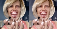 nude blonde handheld short_hair fighting shrunken_woman shrunken_man laughing open_mouth in_hand spawngts digital_render