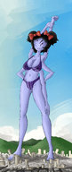 bikini drawing giantess mega black_hair color destruction short_hair pigtails blue_skin fangs outdoors stretching extra_arms colonel-gabbo undertale muffet extra_eyes