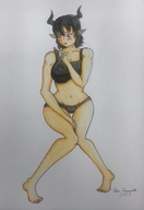 drawing giantess horns black_hair color underwear short_hair looking_down on_shoulder no_background petting pointed_ears