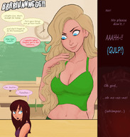 drawing vore blonde large_breasts long_hair cleavage story shrunken_woman open_mouth dialogue observer cutaway