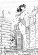drawing giantess panties city mega upskirt monochrome black_hair long_hair helicopter glasses smiling asian uniform walking japanese vehicles news outdoors looking_back reporter bare_legs