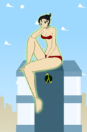 bikini drawing giantess city underwear short_hair sitting outdoors glowing hair_bun