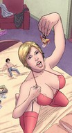 vore blonde large_breasts bed short_hair shrunken_man looking_up indoors between_fingers imminent_vore pinched