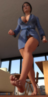 large_breasts toes barefoot cleavage soles shrunken_person indoors bath_robe running_away digital_render luthorlittle