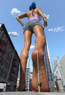 giantess city toes barefoot soles blue_hair low_angle ponytail shorts outdoors top running_away digital_render luthorlittle