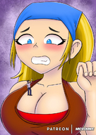 breasts drawing giantess blushing blonde color large_breasts blue_eyes cleavage shrunken_man looking_down no_background looking_at_tiny on_breasts total_drama_island micromike lindsay