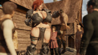 giantess long_hair huge_breasts red_hair mini_giantess looking_down outdoors ripped_clothing thick_thighs yelling digital_render rfdcomics