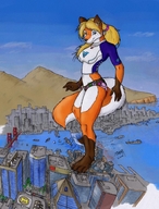 drawing giantess crush feet furry tail anthro city blonde color large_breasts bridge destruction blue_eyes clothed barefoot buildings paws piercings walking mountains thighs necklace earrings harbor bare_legs bare_midriff scream_(artist) ali