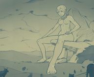 drawing giantess nude monochrome toes barefoot short_hair sitting street_fighter no_background elena kononiko
