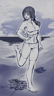 drawing giantess giga monochrome black_hair destruction toes barefoot soles pigtails walking looking_back no_background skimpy_clothing kononiko