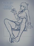 drawing panties feet upskirt blonde monochrome long_hair ribbon stockings domination cake sitting legs foot_play shrunken_woman teasing sketch looking_down indoors plate striped_stockings legs_spread dialogue between_soles pie panty_and_stocking_with_garterbelt panty_(panty_and_stocking) stocking_(panty_and_stocking) kononiko