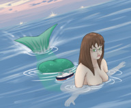drawing large_breasts long_hair glasses topless mermaid swimming boats looking_back big_butt giantwaifus hrunette