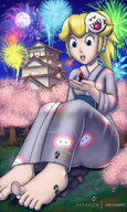 drawing gentle giantess color handheld barefoot mario princess_peach kimono sitting toad looking_down mask luigi outdoors fireworks flower_petals micromike super_mario_odyssey