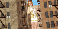 gentle giantess city long_hair smiling red_hair flower outdoors digital_render skintight_clothing
