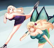 drawing giantess vore wings blonde blue_eyes closed_eyes green_dress saintxtail skating