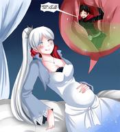 drawing giantess white_hair vore blue_eyes bed saliva smiling shrunken_woman bedroom dialogue saintxtail