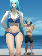 bikini large_breasts long_hair blue_hair mini_giantess looking_down outdoors transparent_clothing