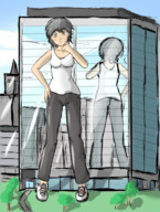 breasts drawing giantess blushing city mega black_hair large_breasts butt clothed cleavage short_hair reflection outdoors hands_on_hips