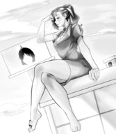drawing giantess monochrome large_breasts long_hair climbing ponytail unknown_artist foot_worship dangle outdoors between_fingers pinched