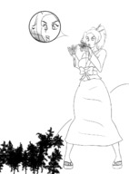 drawing giantess monochrome long_hair high_heels kimono ponytail sandals outdoors blowing no_background cutaway