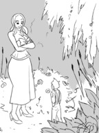 drawing gentle blonde monochrome long_hair clothed cleavage high_heels dress mini_giantess sketch standing forest height_comparison