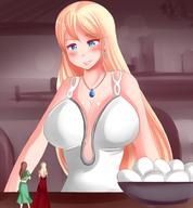drawing giantess blonde blue_hair smiling table shrunken_woman white_dress saintxtail