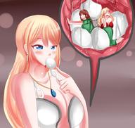 drawing giantess vore blonde blue_eyes saliva shrunken_woman swallowed white_dress saintxtail rice_balls