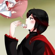 giantess white_hair vore black_hair blue_eyes saliva shrunken_woman white_dress mouth_open