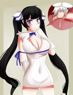 drawing giantess vore black_hair long_hair blue_eyes saliva shrunken_man white_dress saintxtail