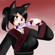 drawing giantess vore furry black_hair red_eyes short_hair shrunken_woman saintxtail black_clothing
