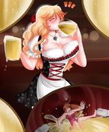 drawing giantess vore blonde long_hair drink unaware shrunken_woman beer closed_eyes saintxtail