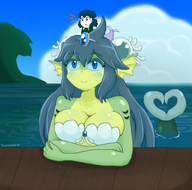 drawing gentle giantess color long_hair blue_eyes blue_hair green_hair video_game outdoors green_skin looking_at_tiny wakasagihime on_head giga_mermaid shantae_half-genie_hero touhoufan18