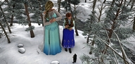 breasts giantess blonde large_breasts long_hair cleavage skirt red_hair dress looking_down giantesses snow forest outdoors frozen disney anna looking_at_tiny digital_render elsa
