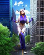 giantess collage horns city blonde large_breasts long_hair walking outdoors my_hero_academia skintight_clothing mt._lady