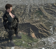giantess city mega large_breasts brunette short_hair looking_down outdoors boomgts thick_thighs digital_render