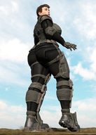 giantess giga large_breasts brunette short_hair looking_back big_butt boomgts thick_thighs digital_render