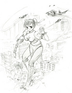 breasts drawing giantess city mega monochrome destruction handheld rampage anime seo_tatsuya angry military train street_fighter airplane chun-li