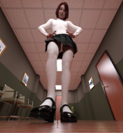 panties upskirt clothed skirt shoes brunette uniform shrunken_man looking_down size_comparison shirt knee_socks hands_on_hips digital_render uschi3
