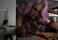 white_hair long_hair destruction glasses reaching indoors cramped digital_render
