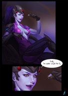 breasts drawing vore color tongue mouth ponytail sitting blue_skin shrunken_woman dialogue imminent_vore widowmaker 1zumy tracer_(overwatch)