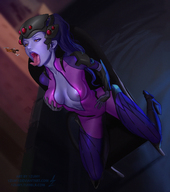 breasts drawing vore color tongue mouth ponytail blue_skin shrunken_woman open_mouth overwatch widowmaker 1zumy tracer_(overwatch)