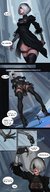 drawing white_hair vore comic color tongue butt mouth stockings shrunken_man dialogue panels blindfold nier_automata 1zumy 2b 9s