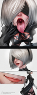drawing white_hair vore color tongue butt mouth stockings shrunken_man blindfold no_background nier_automata 1zumy 2b 9s