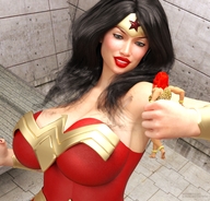 black_hair long_hair handheld huge_breasts red_hair shrunken_woman outdoors jetslasher hairband digital_render